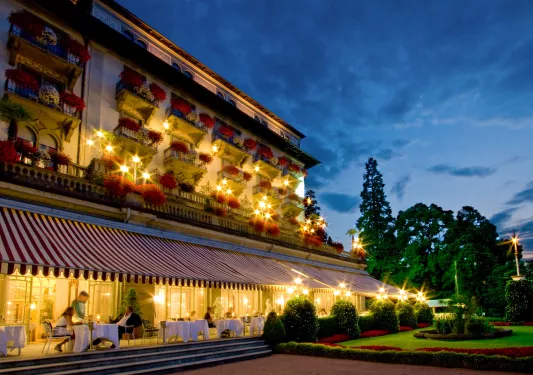 hotel lit up at night