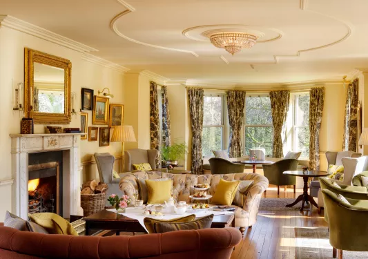 colorful living room with fireplace and big windows