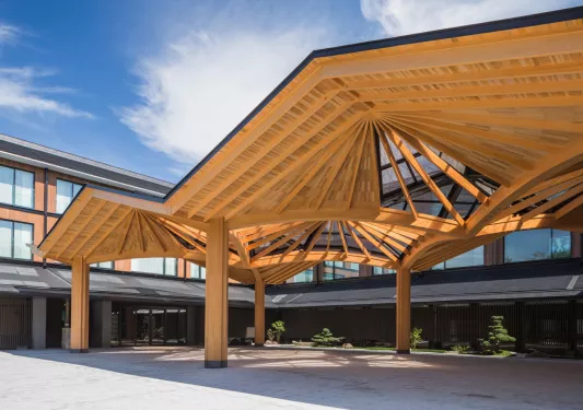 Large wooden statues next to a hotel building