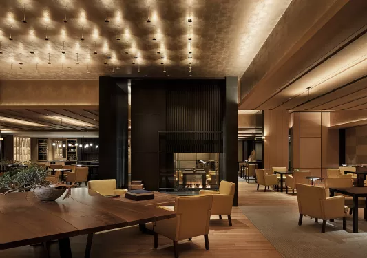 Indoor lounge area with tan cushioned seats surrounded a black fireplace