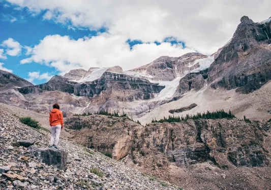 Person on a large rock staring out to large, snowcapped mountains