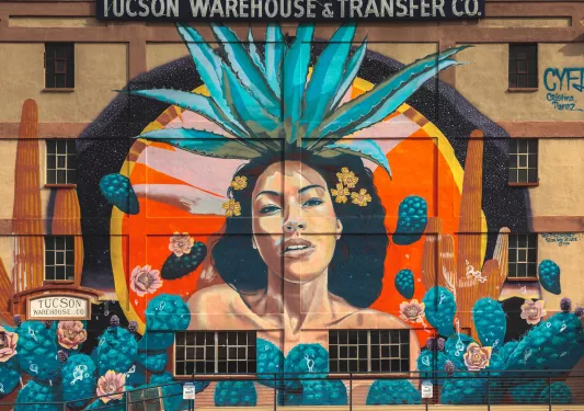 Mural of woman with a cactus head dress on a warehouse building