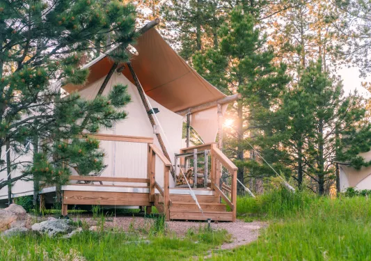 a glamping tent in the woods