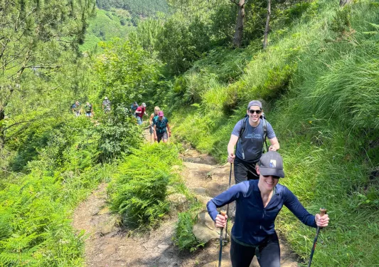 Group of hikers with walking poles ascending up a rocky trail