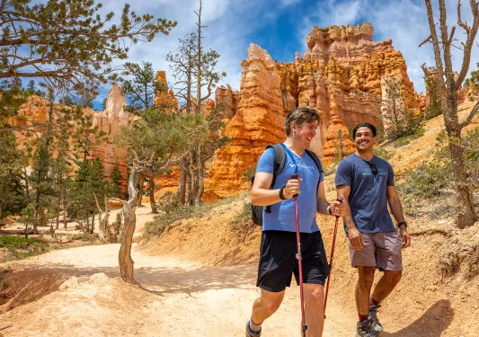 Two men with walking poles hiking down a gravel path with canyons in the background