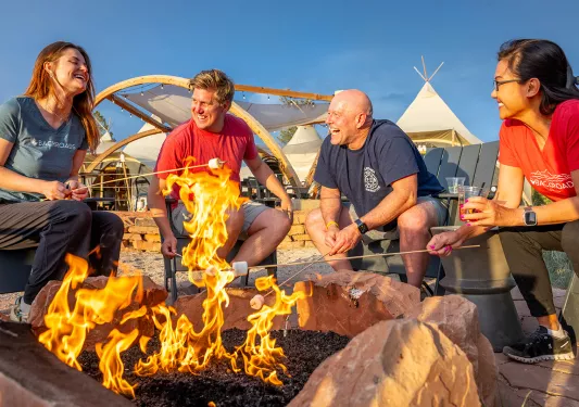Two men and two women around a campfire, laughing and toasting marshmallows