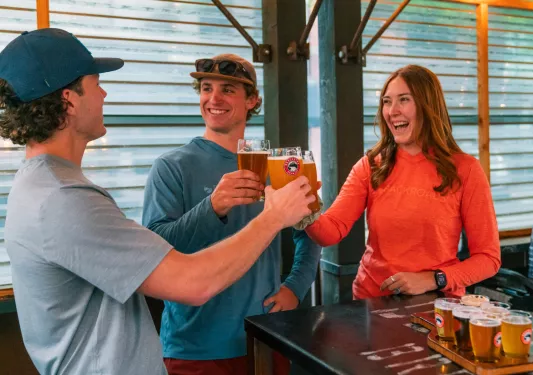 Two men and one woman smiling and raising glasses of beer