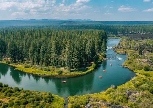 U-shaped river next to large valleys and pine trees