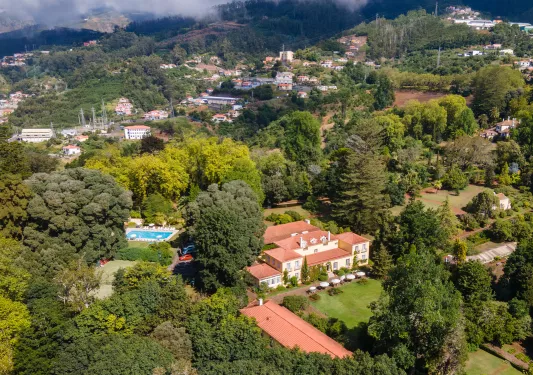 Large hotel building surrounded by tall trees