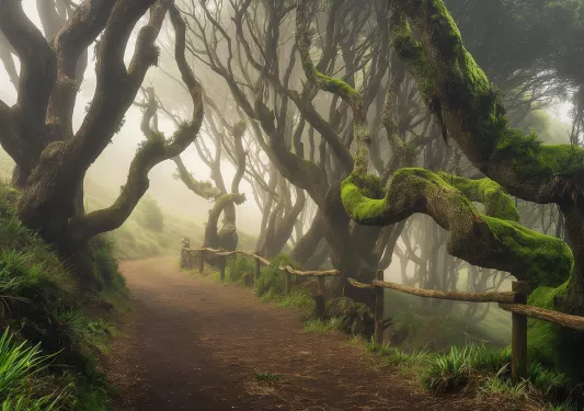 Dirt trail in a foggy forest surrounded by trees with wavy branches