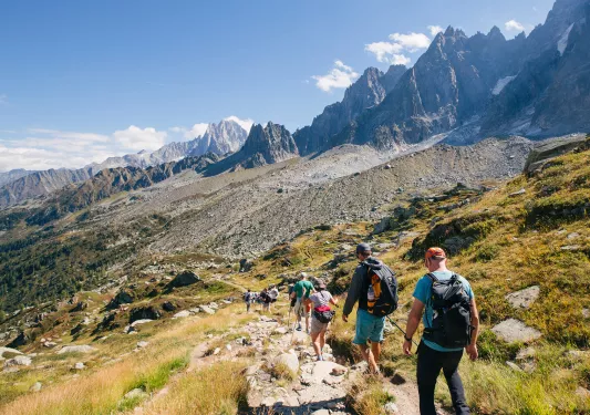 Group of hikers descending down a rocky and grassy hillside