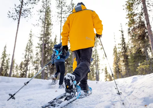 A person in an orange coat snowshoeing
