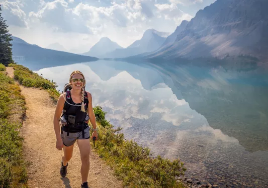 hiking by a flat lake