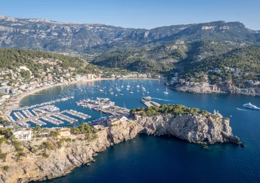 Seaside port full of boats and a small cluster of buildings