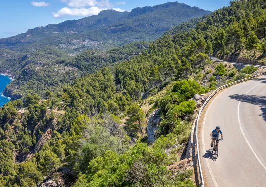 Man biking on a road along a cliff covered with trees