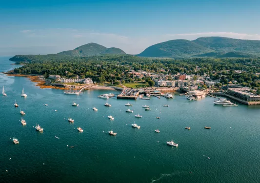 Boats scattered throughout the ocean next to a seaside town