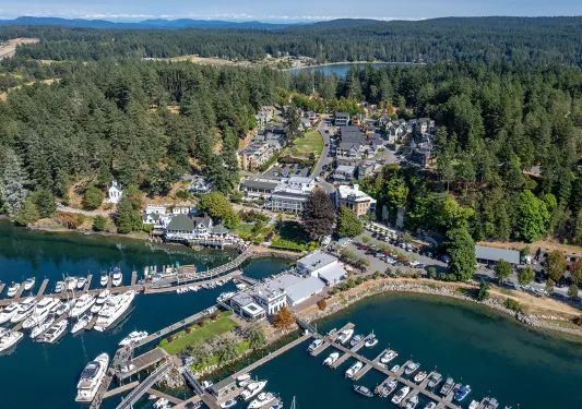 Sky view of a property complex with boats along a port 