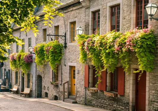 Rustic, brick buildings with green shrubs
