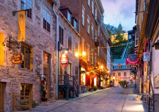 Cobblestone street decorated with streetlights