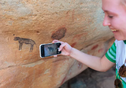A person takes a photo of cave drawings