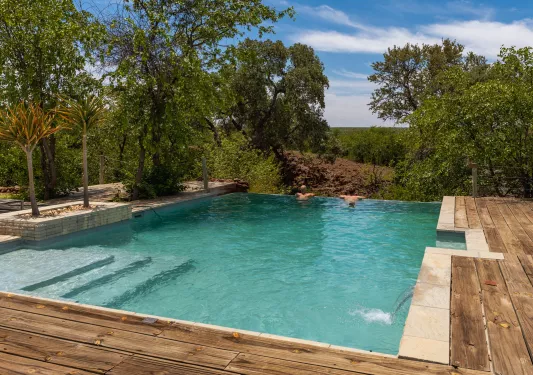 Outdoor pool with two people looking out to the mountains