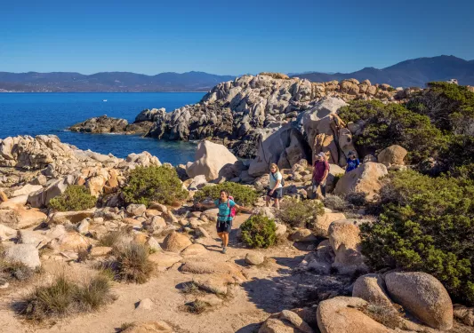 Group of men and women hiking on a dirt path, covered with large weeds and rocks