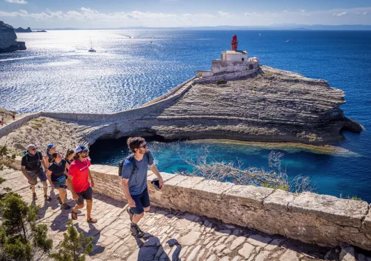 Group of men and women on a stone walkway with a large cliff in the distance