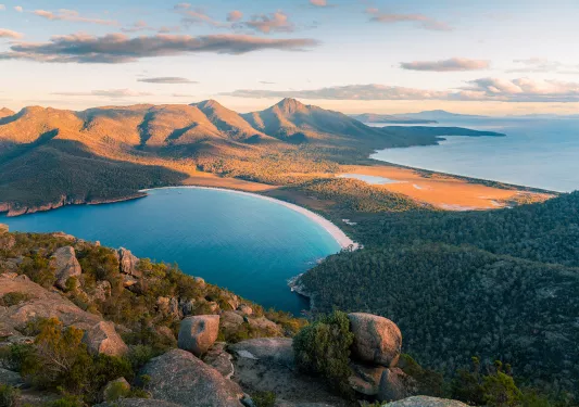 Hilltop view of a lake and other hills