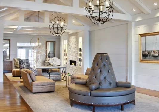 polished hotel lobby with chandeliers