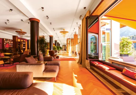 Library with couches and large open windows