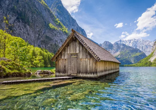 A wood house in a lake