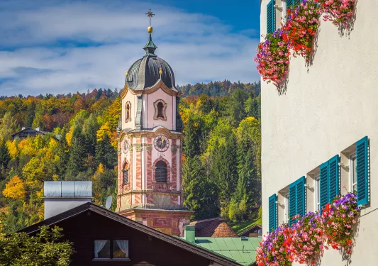 Clocktower surrounded by trees and houses