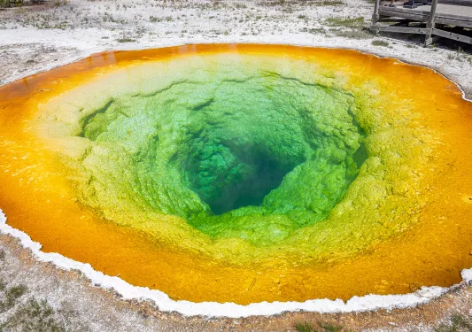 Orange and green puddle leading to a hole in the ground