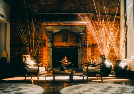 Indoor foyers with potted plants and two chairs in front of a fireplace