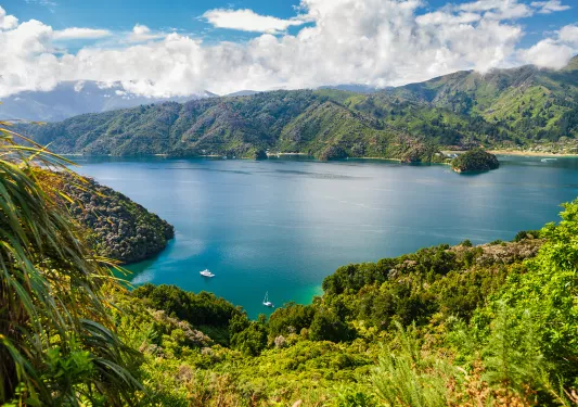 Mountainside view of ocean with boats near the coast