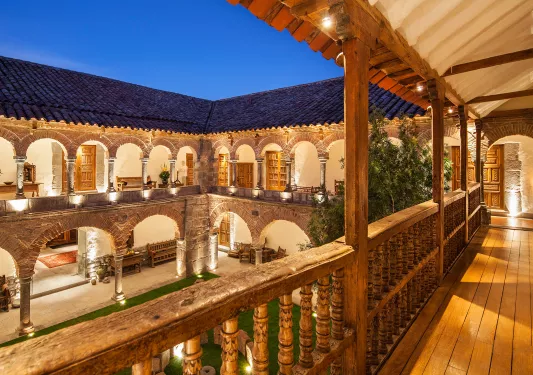 hotel courtyard lit up at night