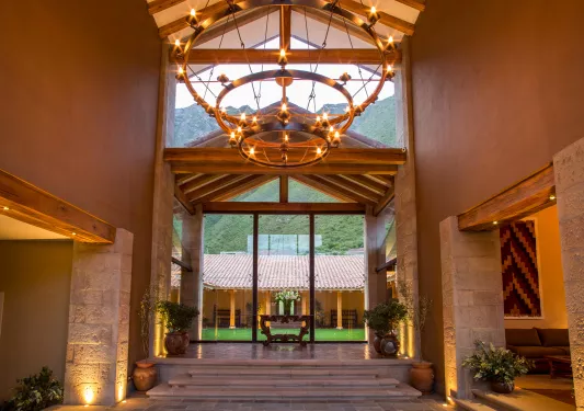 Hotel entrance with large chandelier
