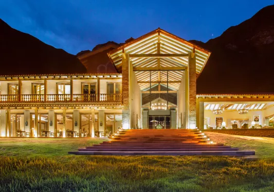 large hotel lit up at night