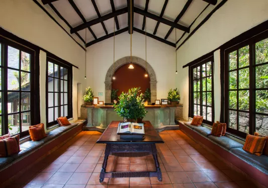 lobby with steeple ceiling and leather seats