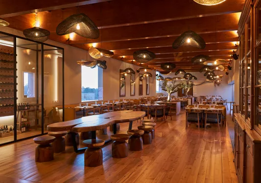 Indoor dining area with a large wooden table in the center and a wine cellar to the left