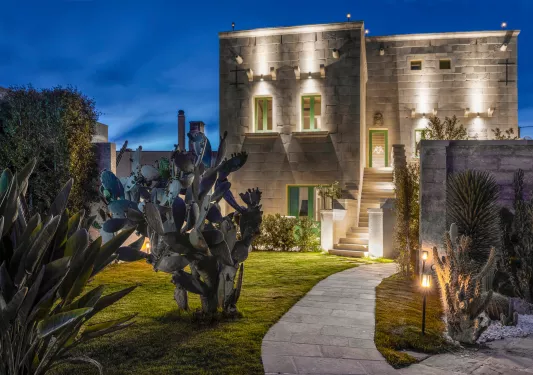 hotel lit up at night