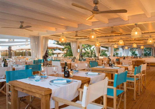 Dining hall with ceiling fans and blue and turquoise woven seats