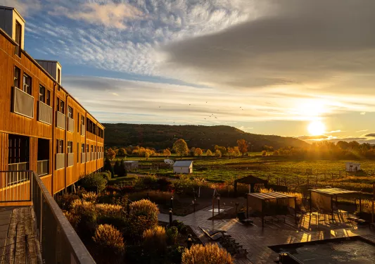 Outdoor view of an open grass valley full of trees, with a wooden building on the left