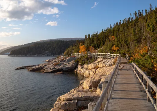 Wooden bridge on top of large stones next to an open lake