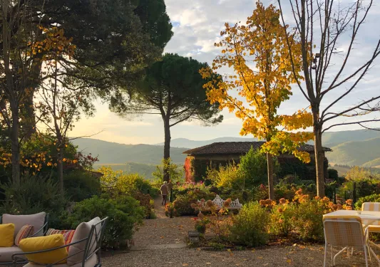 Outdoor dirt patio with a small cottage close to the edge of a cliff