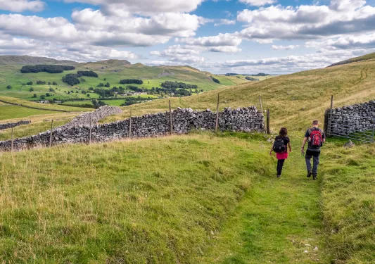 hikers walking through grasslands