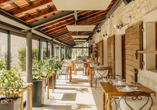 patio with dining furniture and view