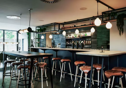 Indoor bar and lounge with leather barstools and light fixtures