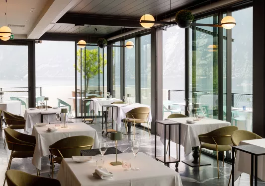 dining room with floor to ceiling windows