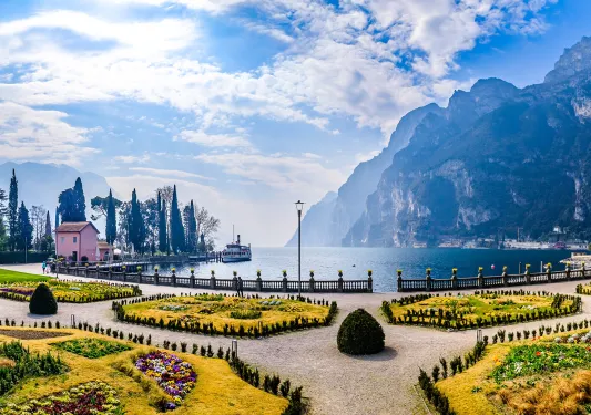 Outdoor garden with seating next to the ocean